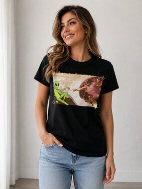 Funny Alien Michelangelo Creation Graphic T Shirt Black Cosmic Art Tee Size S